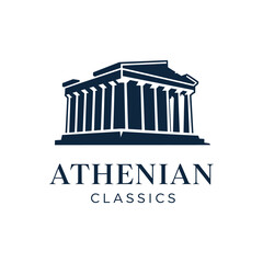 A dark blue illustration of a Greek temple with columns, accompanied by text below