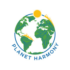 Graphic with a stylized globe, mountains, and sun in green, blue, and yellow on a white background