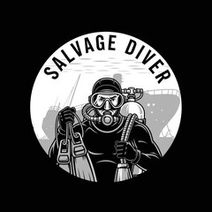 A black and white illustration of a diver in gear, inside a circular frame with text