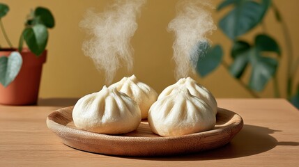 Three dumplings are steaming on a wooden plate. The steam rising from the dumplings creates a cozy and inviting atmosphere