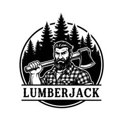 A burly man with a beard and axe, inside a forest-themed emblem with text at the bottom