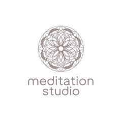 A serene logo featuring a circular geometric design above the words "meditation studio" in minimalist font
