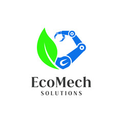 A logo design blending a green leaf and blue robotic arm, symbolizing technology and nature