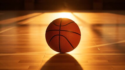 Single basketball bouncing on a polished wooden court. The warm light creates long shadows, emphasizing the dramatic and competitive mood