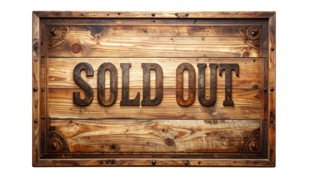 A wooden board with “Sold Out” text isolated on a white background, perfect for marketing, store, or promotional designs.
