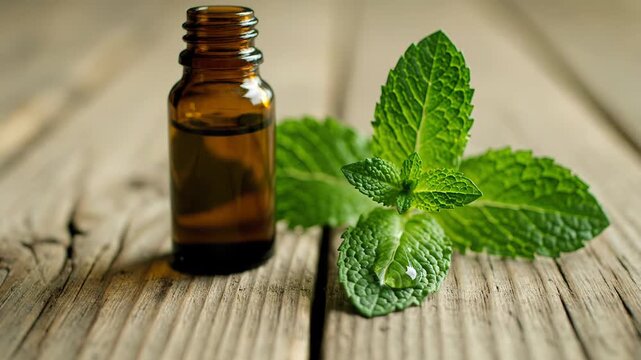 Peppermint essential oil dripping from a glass pipette onto a fresh green mint leaf. The brown bottle and plant are on a rustic wooden table