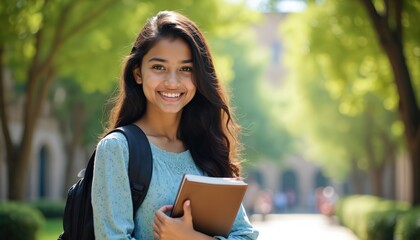 Smiling Indian student girl with book and backpack stands on college campus. Young woman holds textbook, ready for school. Education, youth, and lifestyle.