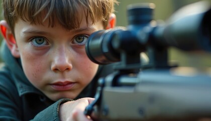 Close up photo of young boy aiming rifle through scope. Child focused looking camera with serious expression. Kid holds weapon, hunting or target practice concept.