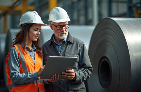 Factory worker with supervisor using laptop. Engineer, assistant discuss project in industrial facility. Woman in safety vest, man with glasses study data. Manufacturing process control management. - Powered by Adobe