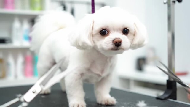Adorable white Maltese dog getting a haircut at a professional grooming salon. Groomer carefully using scissors for a stylish trim