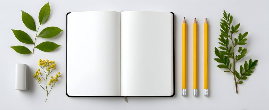 A bunch of open notebooks and pencils arranged tidily on a white table.