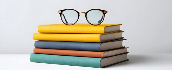 A single stack of textbooks topped with reading glasses on a white surface