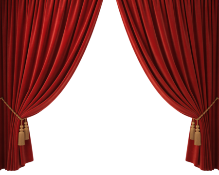 Red curtains stage velvet drapes theater performance backdrop elegant luxury interior design event presentation 100char on transparent background
