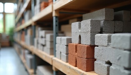 Various construction materials sit on wood shelves inside large building supply warehouse. Stacks of gray concrete blocks, red bricks neatly await purchase for home renovation industry development.