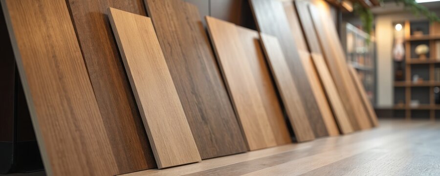 Samples of laminate flooring in store. Wood plank swatches showcase various colours, textures. Interior design choice for home improvement. Renovation materials for modern house. Floor covering