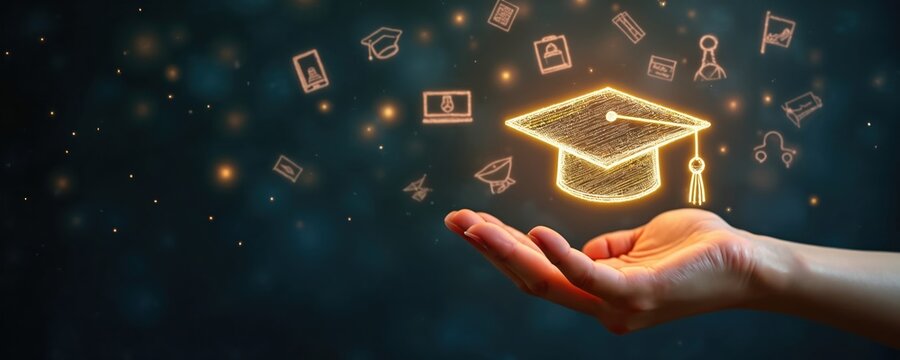 Hand holds glowing graduation cap with abstract symbols of learning. Education icons float around graduate hat. Represents academic achievement, online courses, new knowledge.