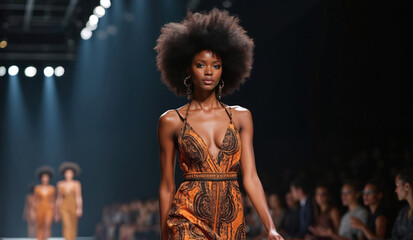 Elegant black model presents stylish dress on runway. Gorgeous woman walks at fashion show with confident look. Spectators appreciate design of African attire collection. Beauty demonstration on