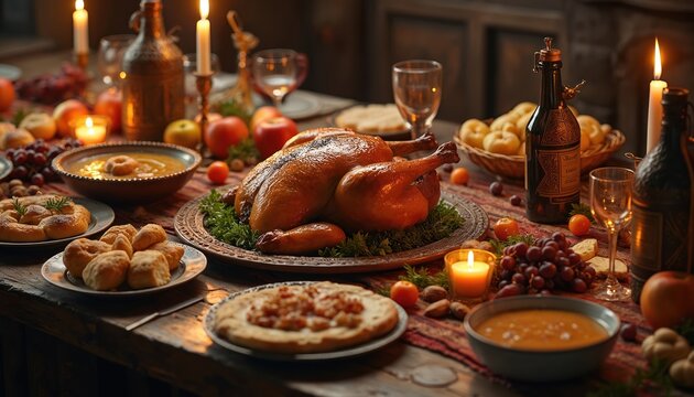 A medieval-style feast table laden with roasted chicken, pies, fruits, soup, and drinks. Candles glow warmly on the rustic wooden table, set for abundance and celebration.