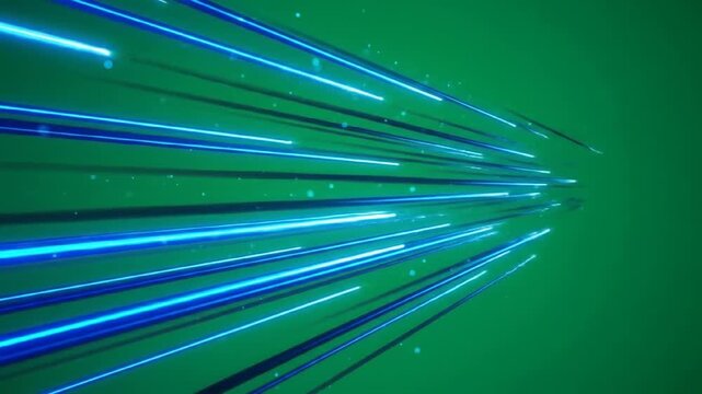 Dynamic digital light streaks in vibrant blue and teal race across a glowing green backdrop, symbolizing high-speed data transfer, technological progress, and a futuristic network connection