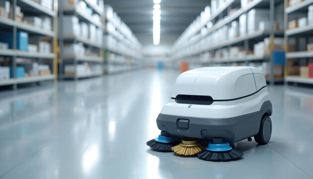 Autonomous floor cleaner robot operates in vast warehouse facility. Automated machine maintains cleanliness in modern logistics center. Smart tech helps with industrial upkeep, efficiency in large