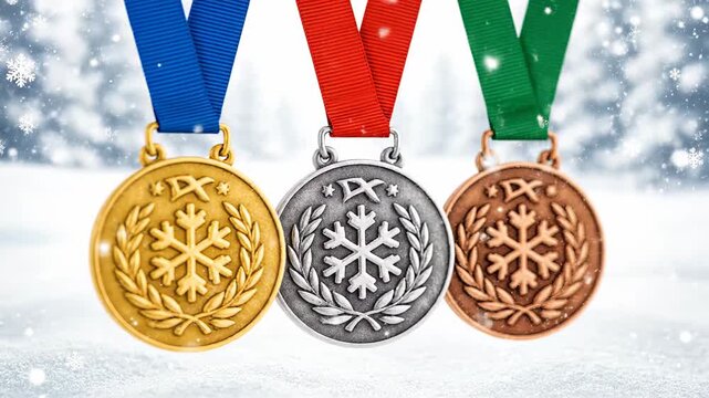 First, second, and third place awards for a winter competition. Gold, silver, and bronze medals with a snowflake symbol hanging over snow