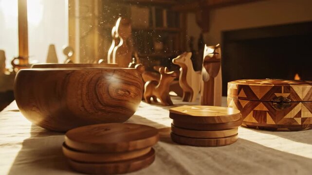 Warmly lit tableau of wooden crafts bowl coasters geometric box animal figures on a textured surface