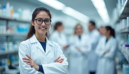 Smiling asian young woman scientist stands in lab. She wears glasses and white coat. Medical team at background. Modern research lab, health tech, biotech industry concept. Female doctor pose.