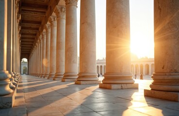 Stone columns line building walkway at sunset. Sunlight beams through architecture, casting long shadows on paved ground. People stroll past classic facade, suggesting history and travel.