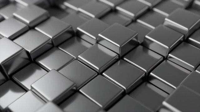 Close-up view of a grid of shiny metallic square blocks creating an abstract geometric pattern with varying heights and reflections.