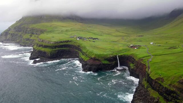 Mulafossur Waterfall and Gasadalur Village, Faroe Islands