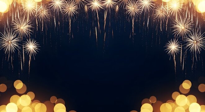 Golden fireworks and bokeh lights on dark blue background celebration night - Powered by Adobe