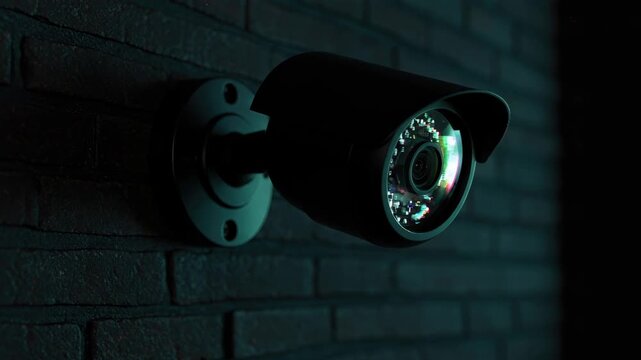 Security camera with glitched feed on a brick wall, symbolizing surveillance system compromise or data breach for modern protection.
