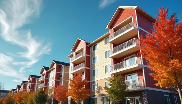New apartment complex buildings stand under clear blue sky with white clouds. Red, yellow facades with balconies line up in modern residential area. Colorful autumn trees add seasonal beauty to
