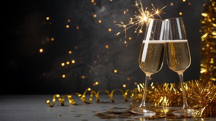 Champagne glasses with sparkling wine and sparklers festive celebration moment