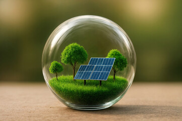 Solar panels and green trees inside a glass sphere symbolizing clean energy