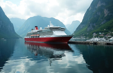 Large red, white cruise ship moored in scenic fjord. Majestic green mountains rise from calm water. People walk on pier. Yachts docked nearby. Beautiful place offers great travel, vacation. Popular