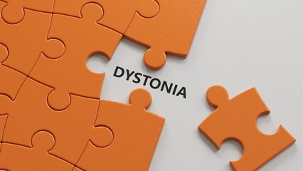 Fototapeta premium The word DYSTONIA is written on puzzle pieces with missing pieces. Medical concept.close up of puzzle pieces with missing pieces,Business Concept.3D rendering.