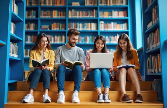 Students study together in library lounge. Diverse group uses laptop and books, sharing knowledge on campus. Young people learn, communicate, work on projects and read.