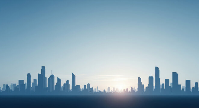 Futuristic urban city skyline silhouette at dawn or dusk against blue sky - Powered by Adobe