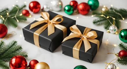 Christmas gift boxes with golden ribbon and holiday tree decorations and some color balls