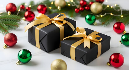 Christmas gift boxes with golden ribbon and holiday tree decorations and some color balls