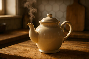 teapot and cup on wooden table