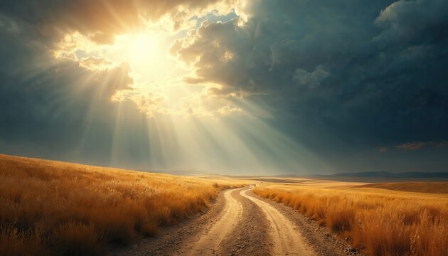 Winding dirt road through golden fields under dramatic sky with sun rays breaking through dark clouds. Open country landscape journey with divine light, path to hope and spiritual renewal.