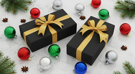 Christmas gift boxes with golden ribbon and holiday tree decorations and some color balls