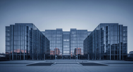 Obraz premium Modern glass office building facade reflecting urban landscape at twilight