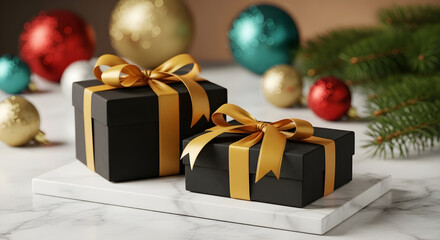 Christmas gift boxes with golden ribbon and holiday tree decorations and some color balls