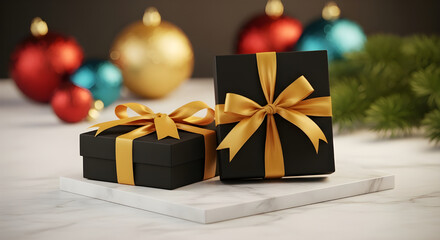 Christmas gift boxes with golden ribbon and holiday tree decorations and some color balls