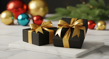 Christmas gift boxes with golden ribbon and holiday tree decorations and some color balls