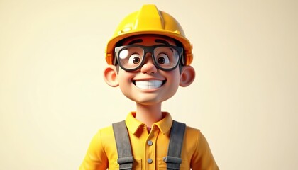 3D cartoon construction worker in yellow hard hat and safety glasses smiles happily. He wears safety gear and overalls, ready for labor. A cheerful character for labor day and career themes.
