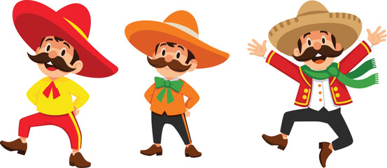 Set of cartoon Mexican men wearing sombreros and traditional costumes, happy dancing characters for Cinco de Mayo fiesta, isolated vector illustration.
